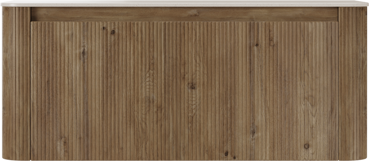 Storke Soft hängendes Möbelstück Set: 120 x 46 cm, Eiche rau, mit Tavola Soft Einzel- oder Doppel Waschtischplatte Solid Surface Beige Granit, Vertikale symmetrische gerade Rippe