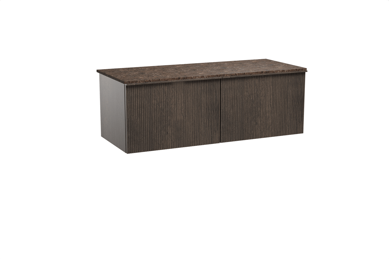 Balmani Forma zwevend badkamermeubel 135 x 55 cm gerookte eik met Stretto enkel of dubbel tablet in marmer dark emperador, Verticale symmetrische rechte ribbel