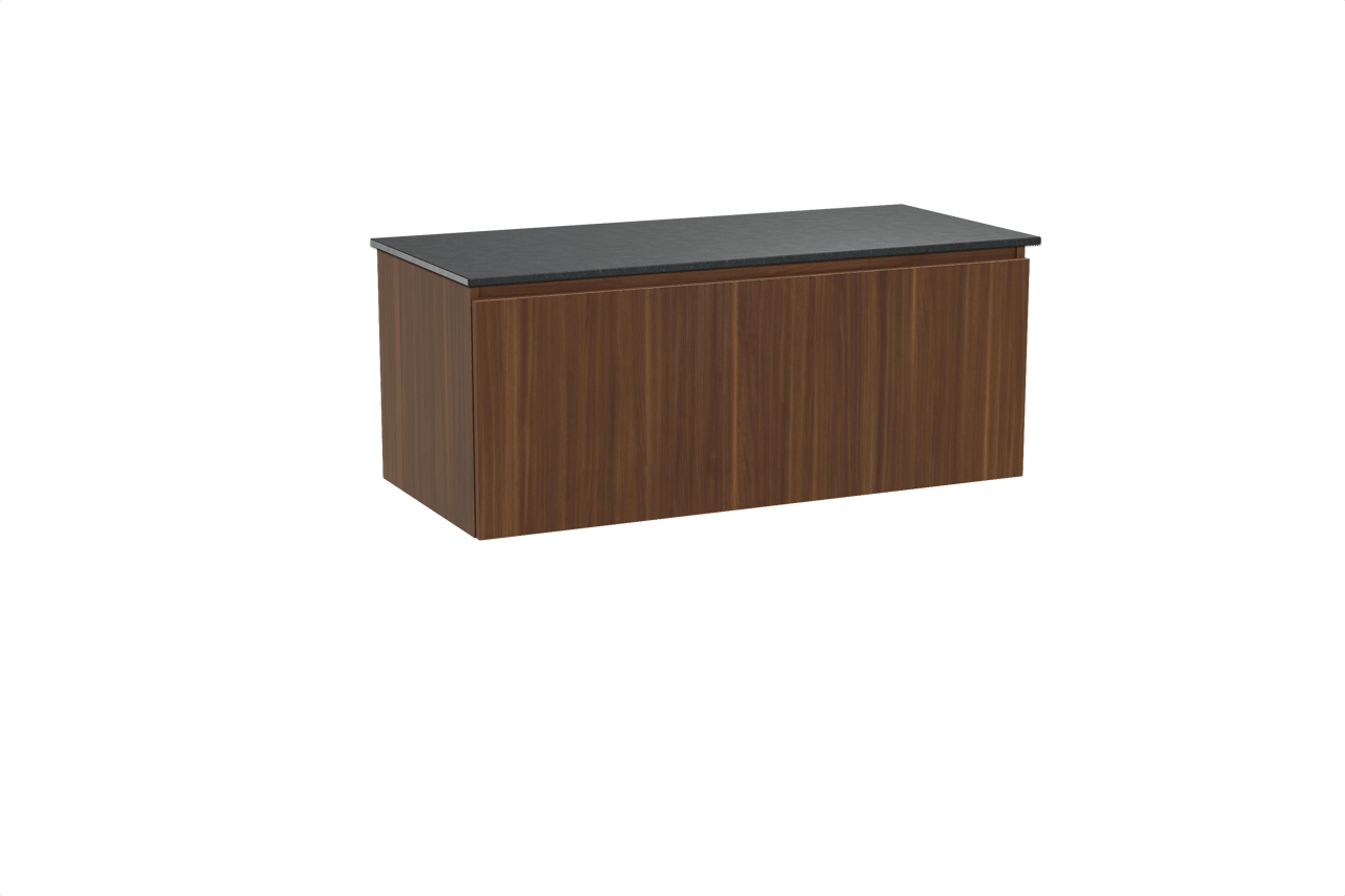 Balmani Sfera hängendes Möbelstück Set: 120 x 55 cm, Amerikanischer Nussbaum, mit Stretto Einzel Waschtischplatte, Schwarzes Granit