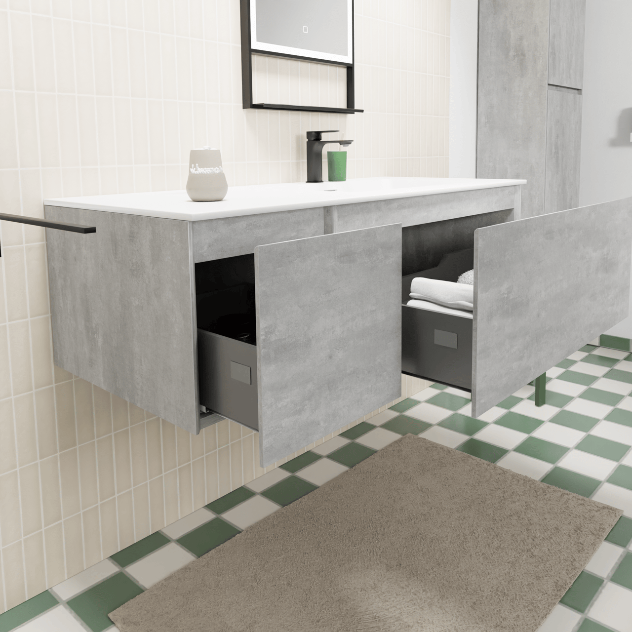 Storke Edge meuble salle de bains suspendu 120 x 52 cm béton gris foncé avec Mata plan vasque asymétrique à droite en solid surface blanc mat