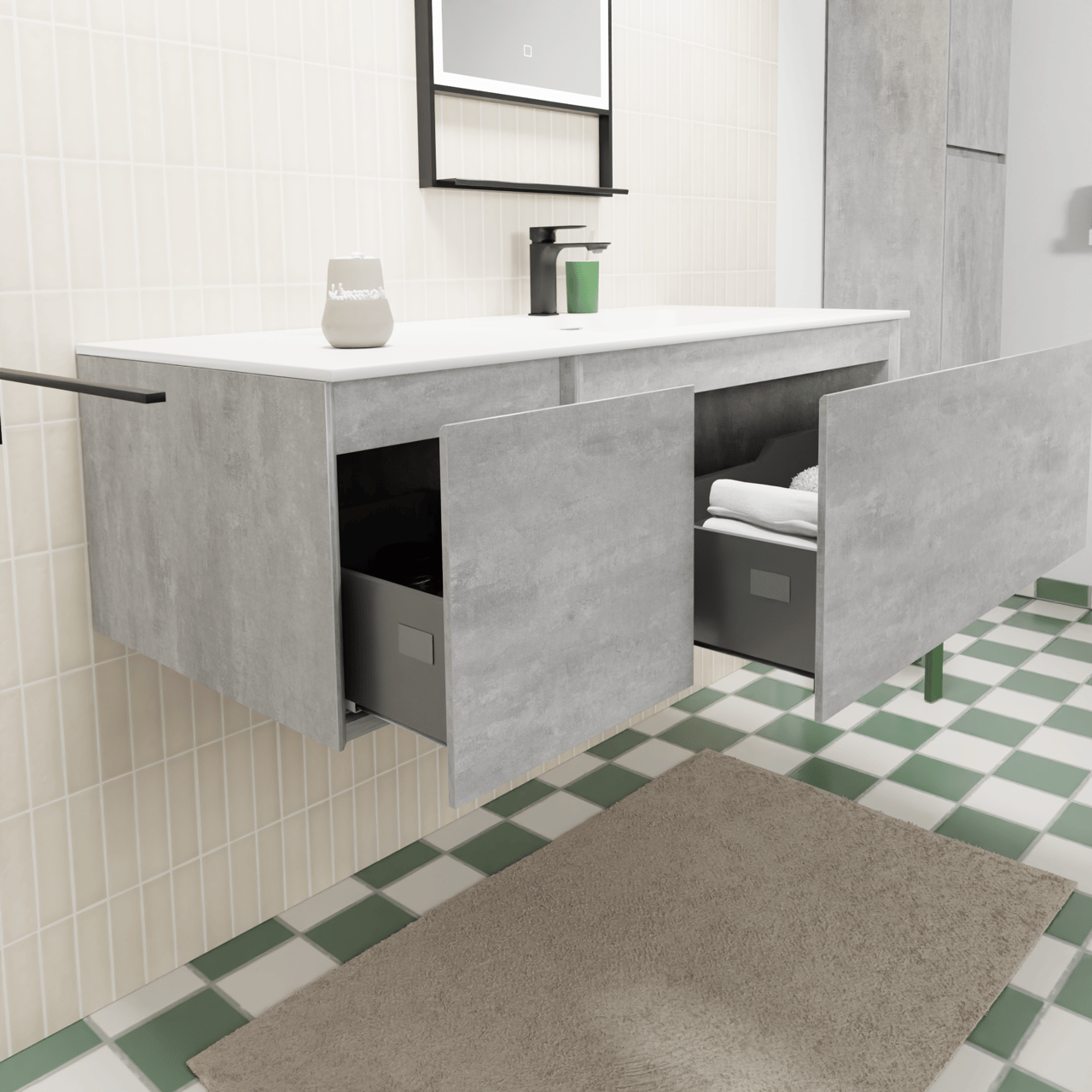 Storke Edge meuble salle de bains suspendu 120 x 52 cm béton gris foncé avec Mata plan vasque asymétrique à droite en solid surface blanc mat