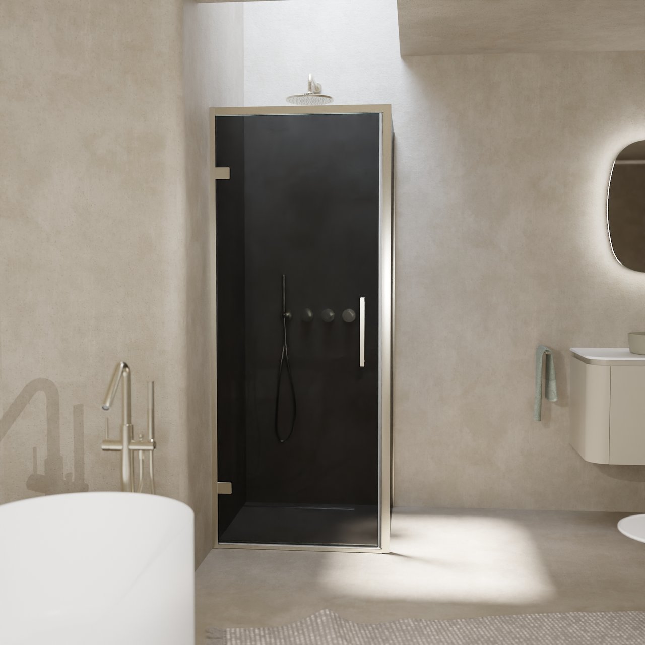 Balmani Senses Design Eckdusche: Drehtür (Links) mit fixierte Seitenwand, 90 x 80 cm, Rauchglas, Profil Brushed CoolMetal, inklusive Coating