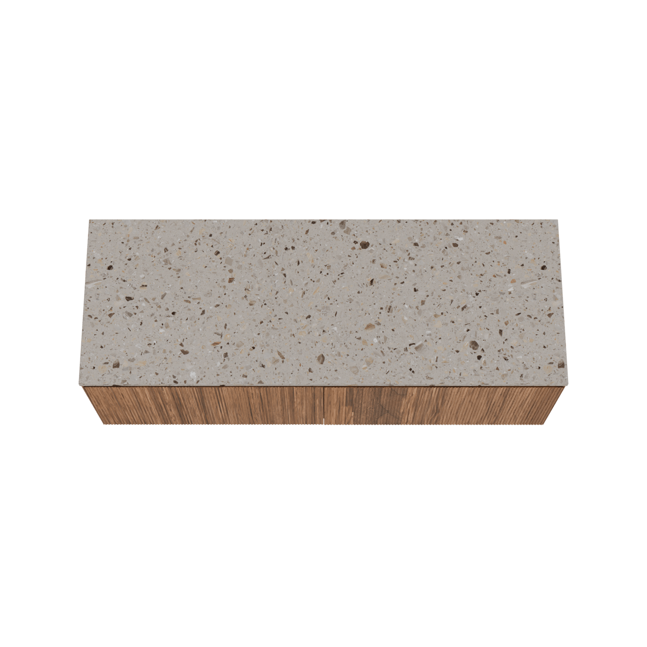 Balmani Fila hängendes Möbelstück Set: 150 x 55 cm, Nussbaum, mit Stretto Einzel- oder Doppel Waschtischplatte, Terrazzo in Greige, Vertikale symmetrische gerade Rippe