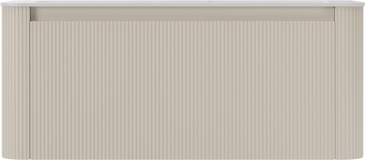 Storke Soft zwevend badkamermeubel 120 x 46 cm Sand mat met Mata Soft dubbele wastafel in solid surface mat wit, Verticale symmetrische rechte ribbel