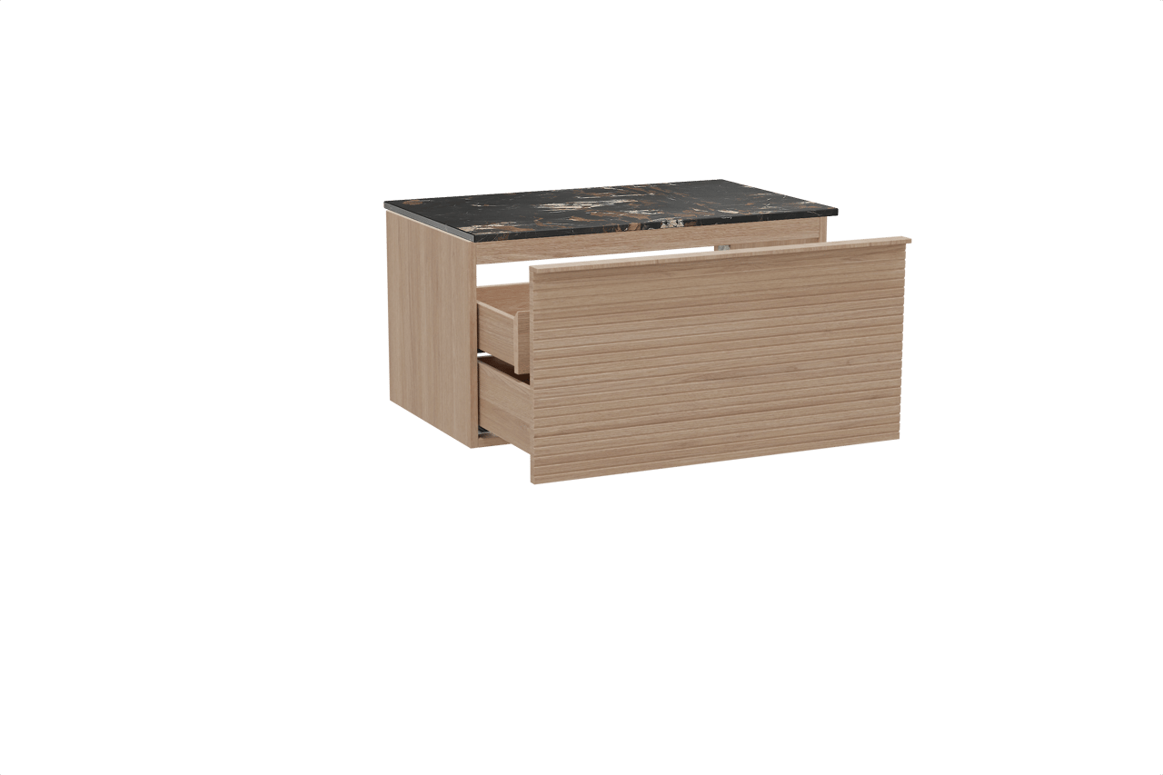 Balmani Forma hängendes Möbelstück Set: 90 x 55 cm, Naturbelassene Eiche, mit Stretto Einzel Waschtischplatte, Marmor, Portoro Gold, Horizontale symmetrische gerade Rippe