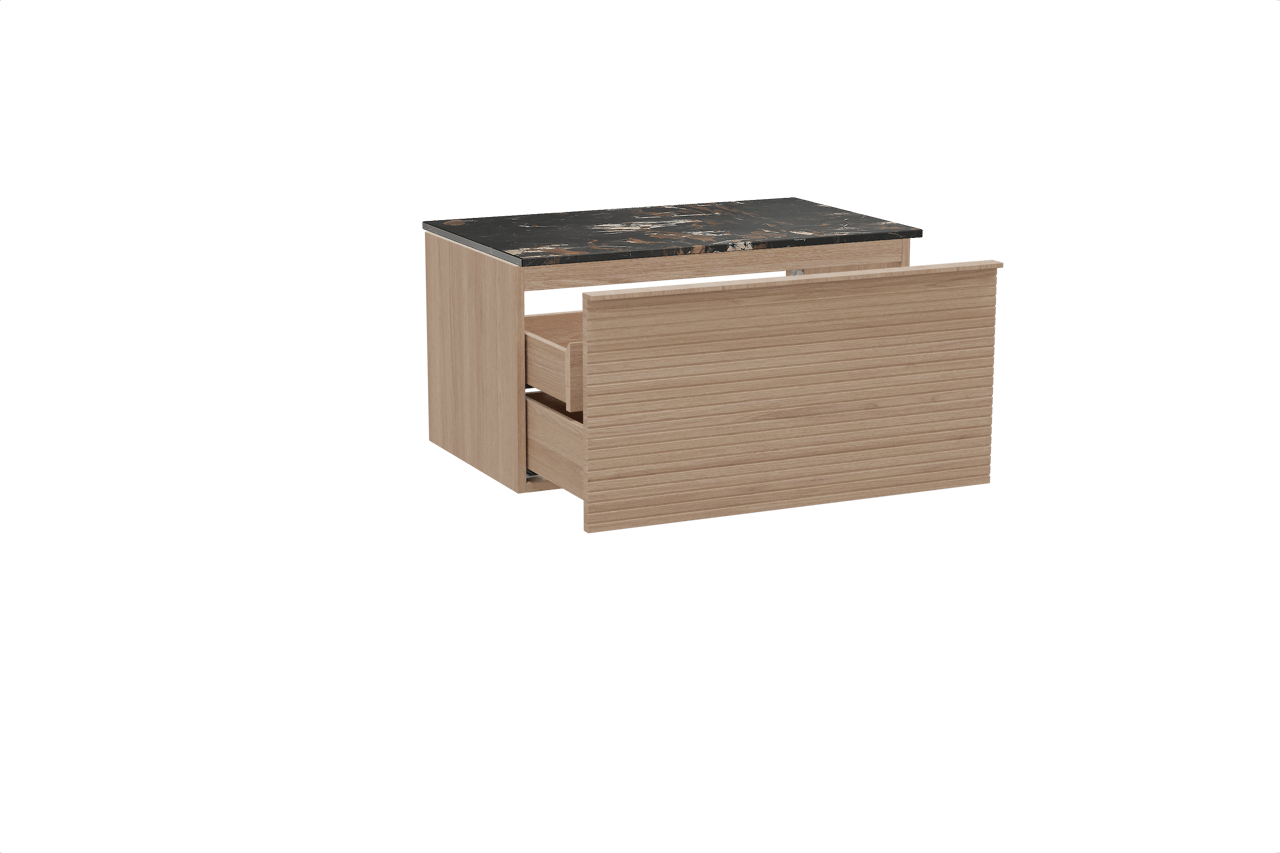 Balmani Forma hängendes Möbelstück Set: 90 x 55 cm, Naturbelassene Eiche, mit Stretto Einzel Waschtischplatte, Marmor, Portoro Gold, Horizontale symmetrische gerade Rippe