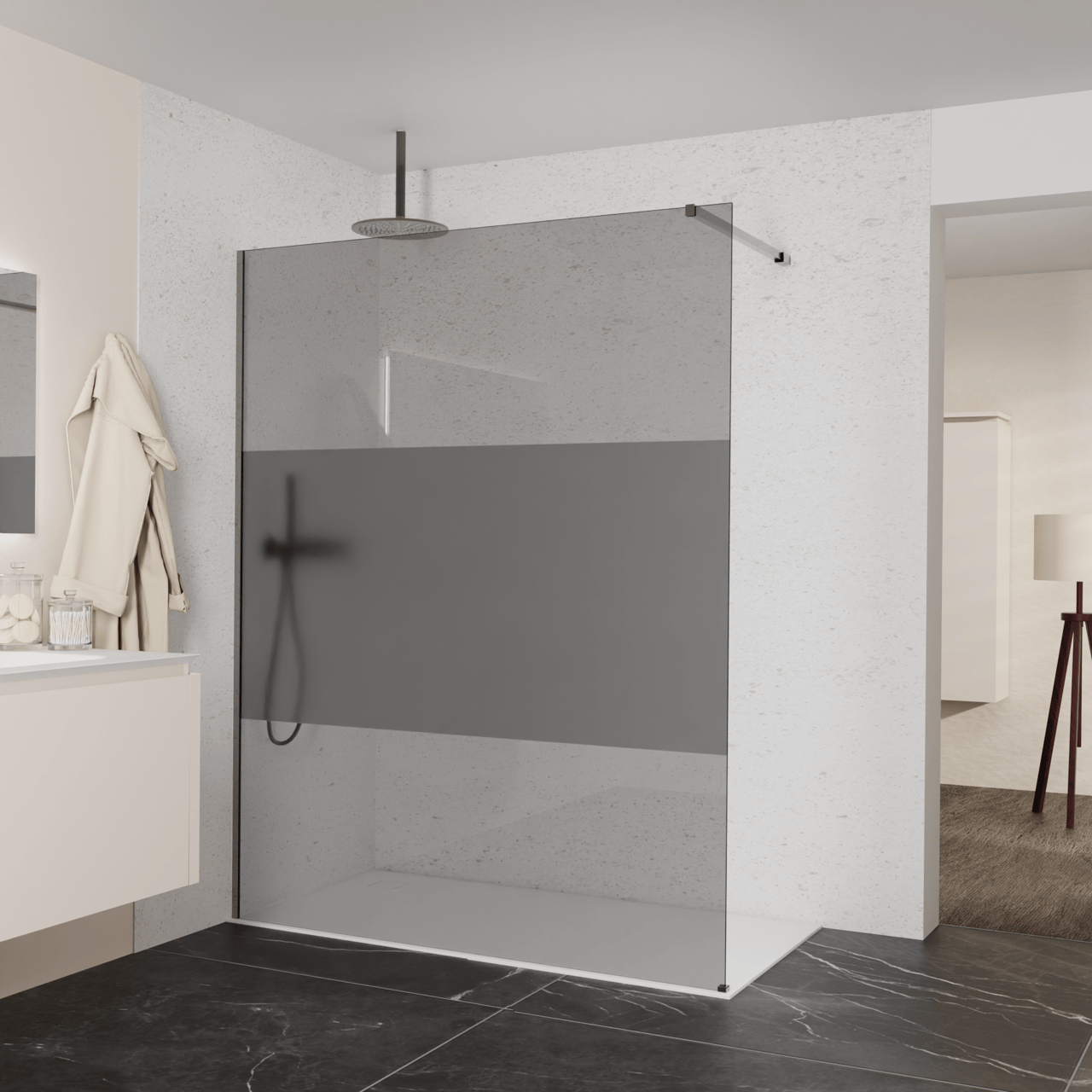 Balmani Modular Walk-In Dusche: 160 x 200 cm, Rauchglas mit mattiertem Streifen, inklusive Coating, Profil Brushed GunMetal