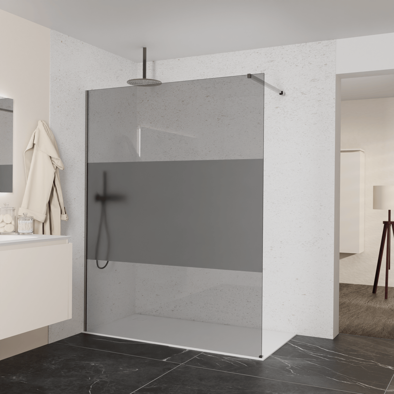 Balmani Modular douche à l'italienne: 160 x 200 cm, Verre fumé avec bande matte, avec coating, Profil Brushed GunMetal