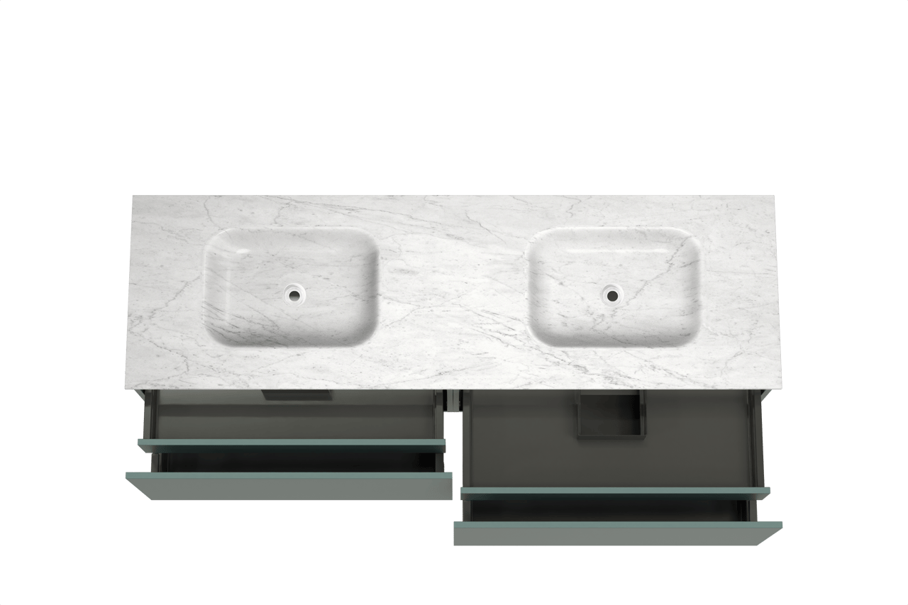 Balmani Sfera hängendes Möbelstück Set: 180 x 55 cm, Forest, mit Tablo Arcato Doppelwaschtisch, Marmor Carrara
