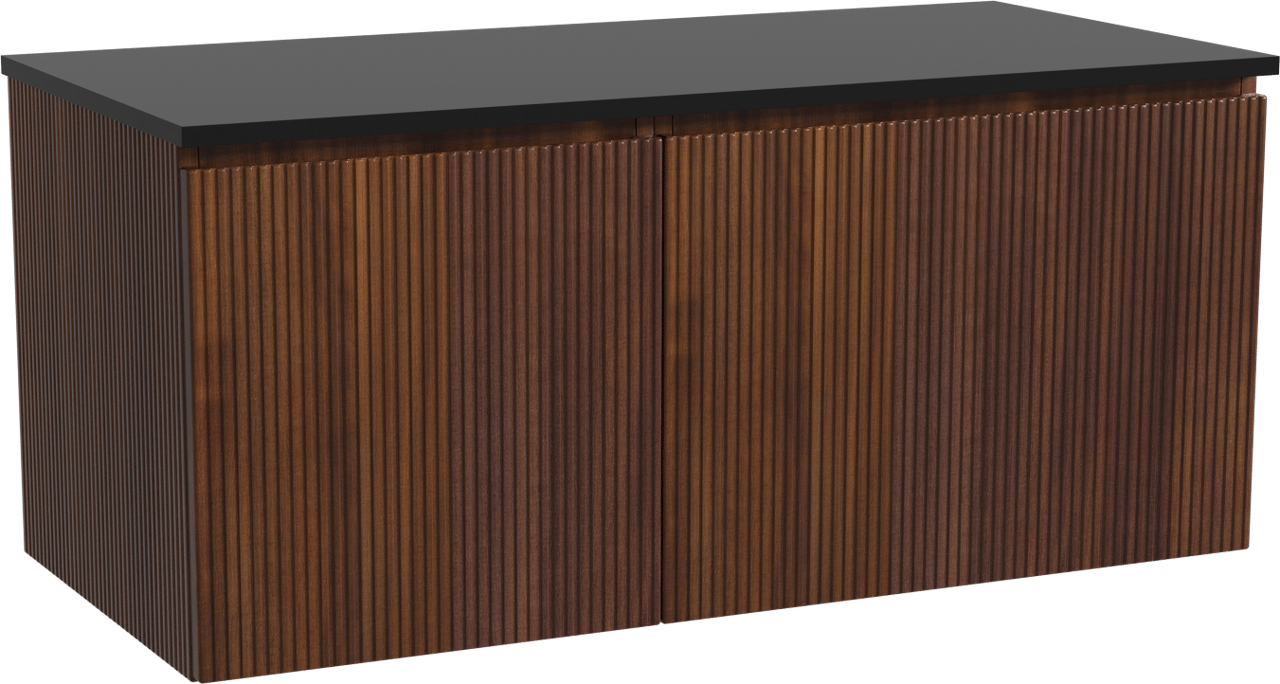 Storke Ribs zwevend badmeubel 110 x 52 cm notenhout met Panton enkel wastafelblad in gepoedercoate mdf mat zwart, Verticale symmetrische rechte ribbel