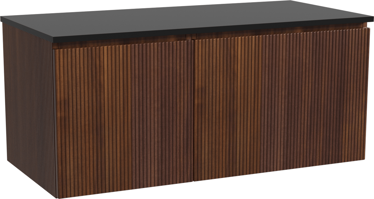 Storke Ribs zwevend badmeubel 110 x 52 cm notenhout met Panton enkel wastafelblad in gepoedercoate mdf mat zwart, Verticale symmetrische rechte ribbel