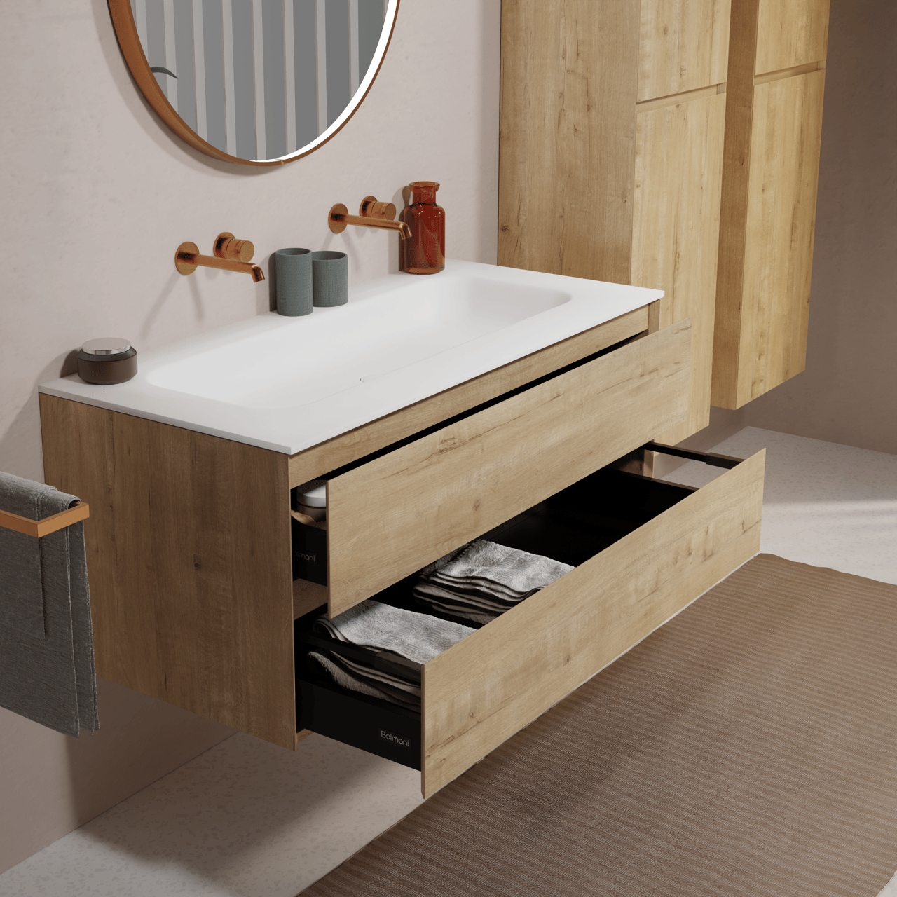 Balmani Mitra meuble salle de bains suspendu 120 x 55 cm chêne brut avec Tablo Arcato lavabo simple pour 2 trous de robinet en solid surface blanc mat