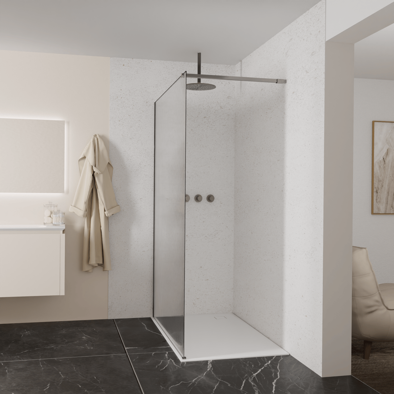 Balmani Modular douche à l'italienne: 140 x 200 cm, Ribs, avec coating, Profil Brushed GunMetal