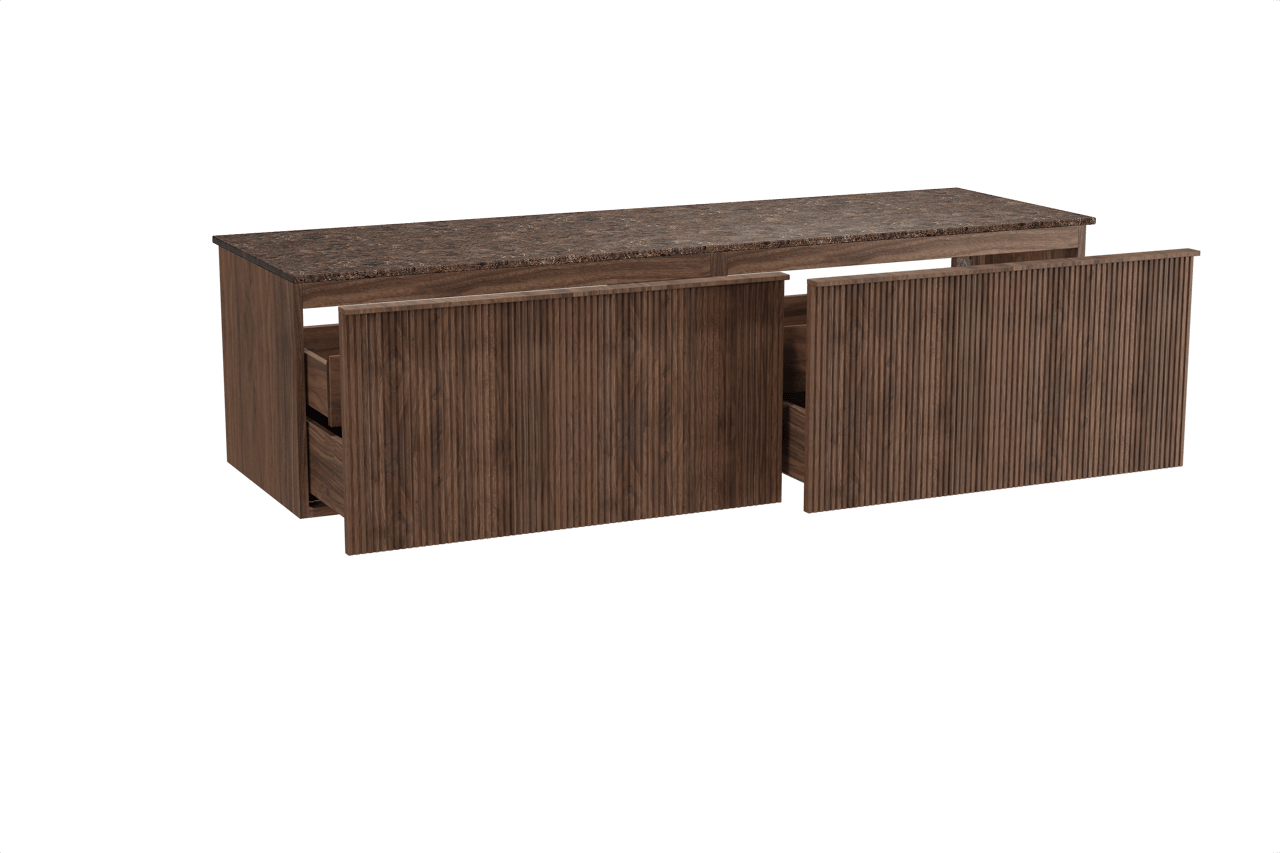 Balmani Forma meuble salle de bains suspendu 180 x 55 cm noyer américain avec Stretto tablette simple ou double en marbre dark emperador, Nervure droite symétrique verticale