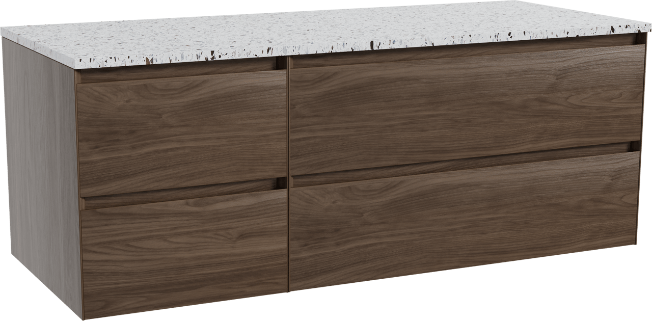 Balmani Mitra hängendes Möbelstück Set: 135 x 55 cm, Amerikanischer Nussbaum, mit Stretto Einzel- oder Doppel Waschtischplatte, Terrazzo in Weiß/Schwarz matt