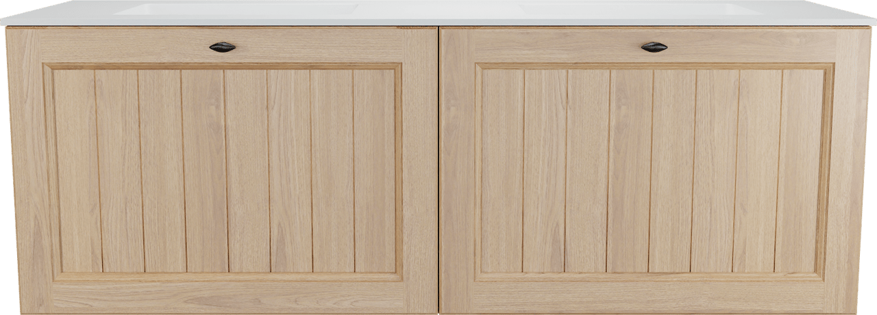 Balmani Lemon zwevend badkamermeubel 150 x 55 cm, fineer natuur eik met Tablo Stretto dubbele wastafel in mat wit