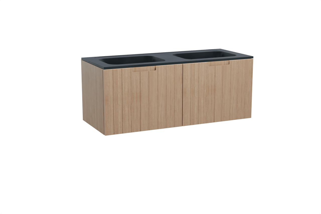 Balmani Adagio zwevend badmeubel 135 x 55 cm verweerd eiken met Tablo Strada dubbele wastafel in composietmarmer mat zwart