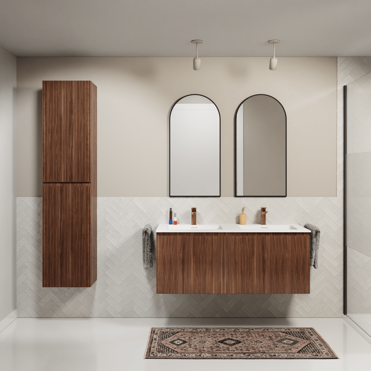 Storke Ribs zwevend badmeubel 120 x 52 cm notenhout met Diva dubbele wastafel in composietmarmer hoogglans wit, Verticale symmetrische rechte ribbel