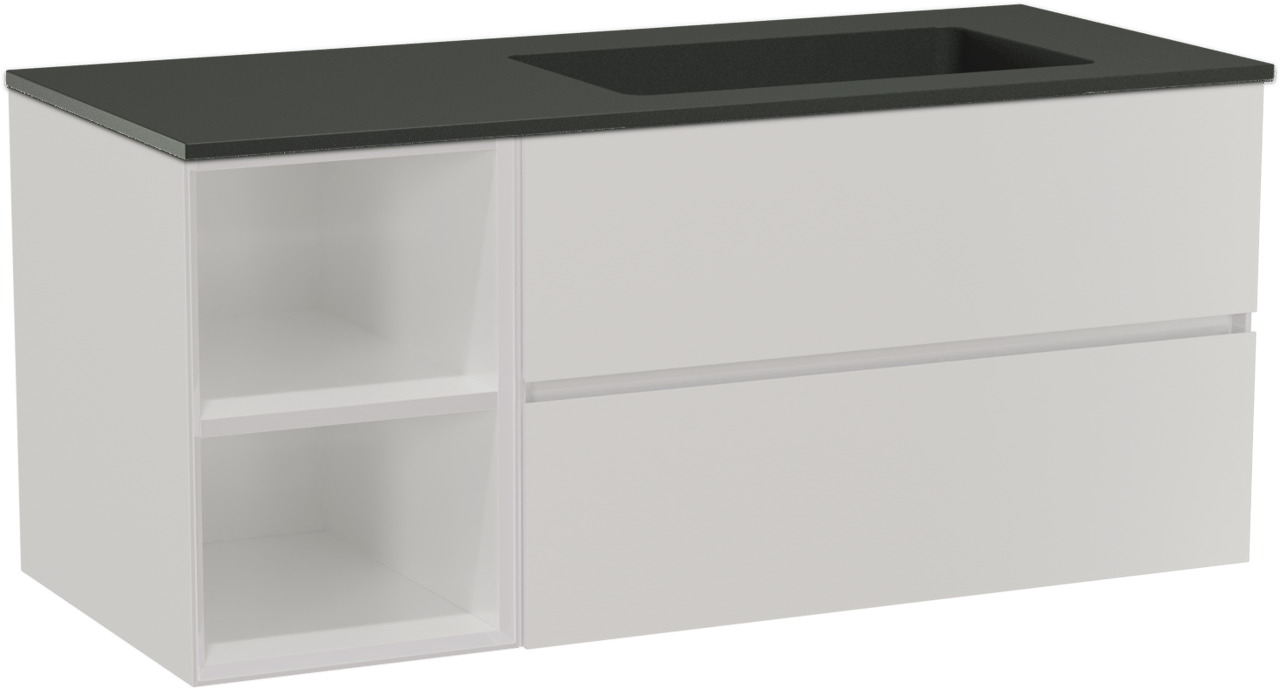 Storke Edge hängendes Möbelstück Set: 120 x 52 cm, Weiß glänzend, mit Scuro Waschtisch rechts, Quarz Schwarz matt