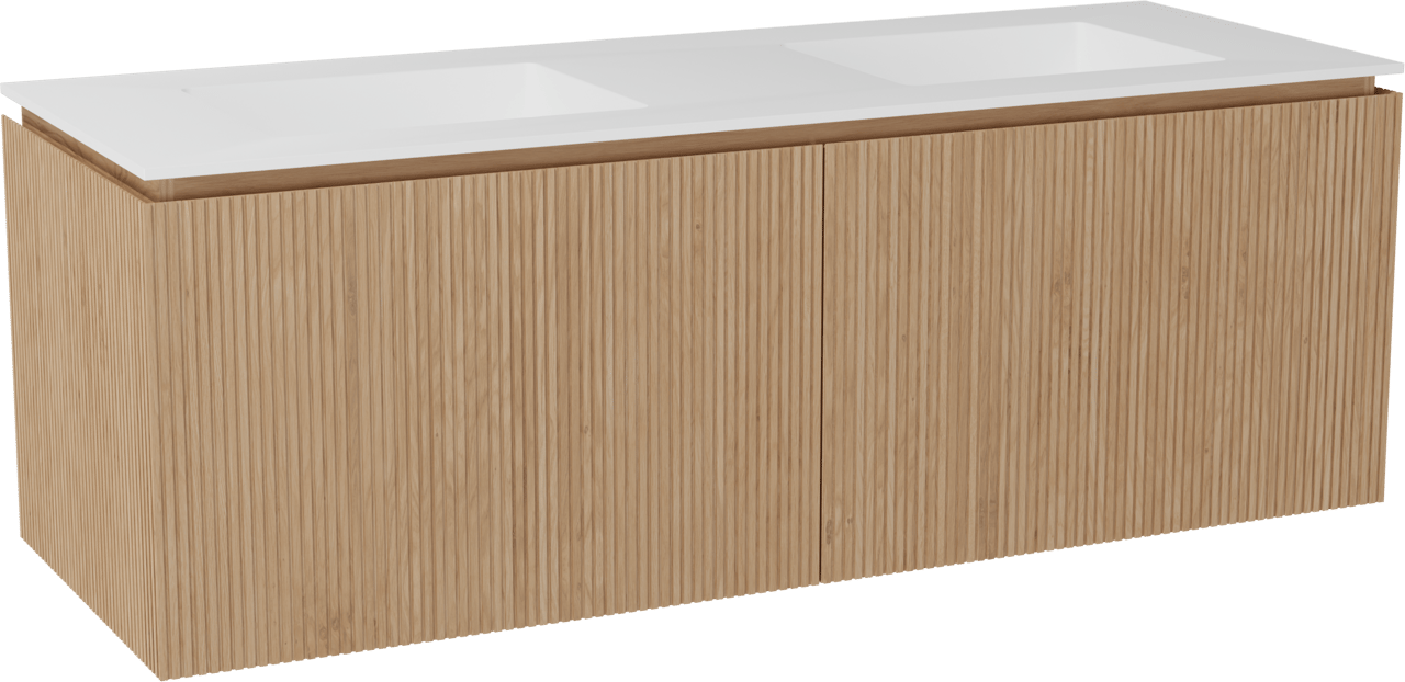 Balmani Eclips zwevend badkamermeubel 150 x 55 cm Natuur eik met Tablo Stretto dubbele wastafel in Solid Surface mat wit, Verticale symmetrische rechte ribbel
