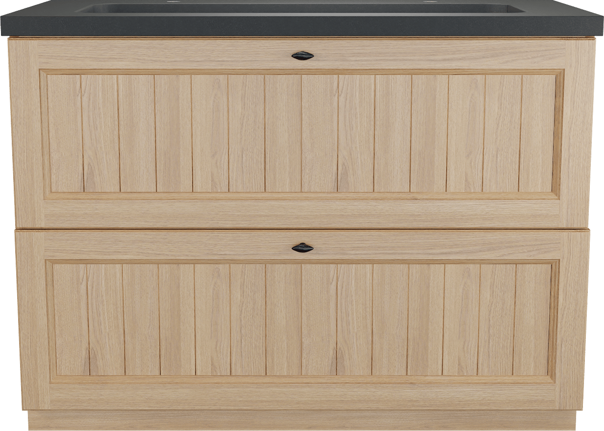 Balmani Lemon staand badkamermeubel 120 x 55 cm, fineer natuur eik met Napoli enkele wastafel voor 2 kraangaten in graniet zwart