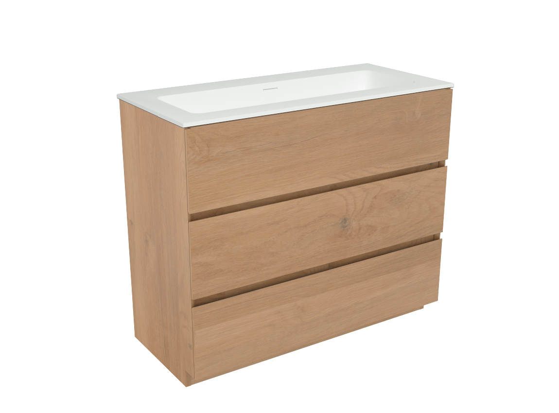 Storke Edge meuble salle de bains à poser 100 x 46 cm chêne brut avec Mata plan simple en solid surface blanc mat