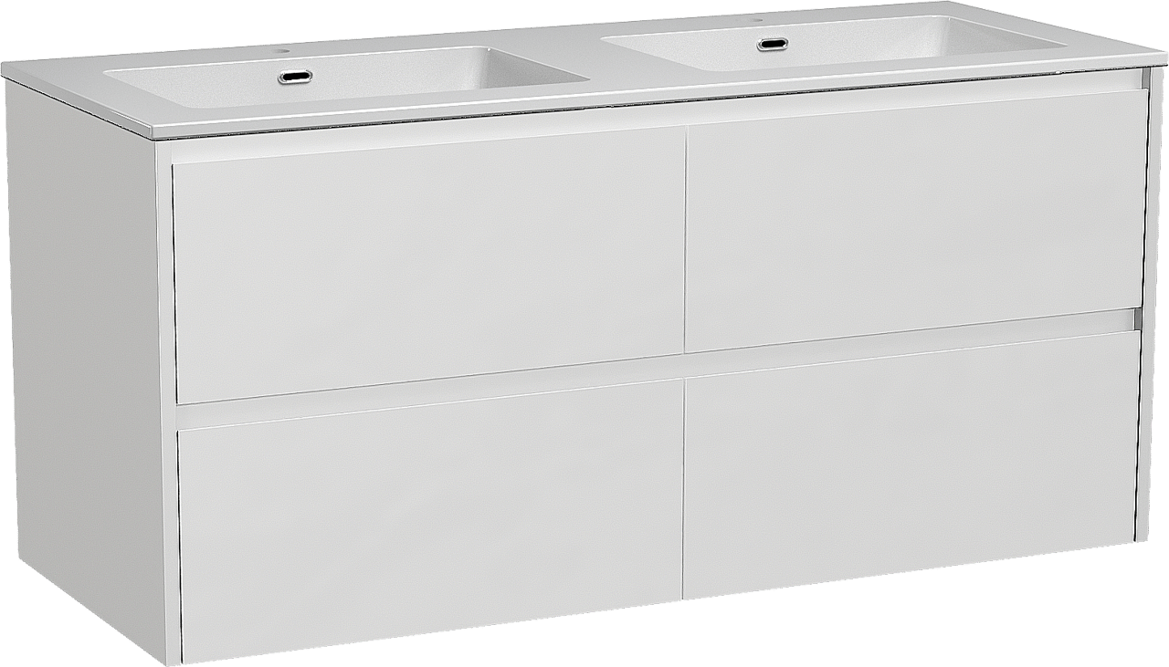 Storke Seda zwevend badmeubel 130 x 52 cm mat wit met Diva dubbele wastafel in composietmarmer hoogglans wit