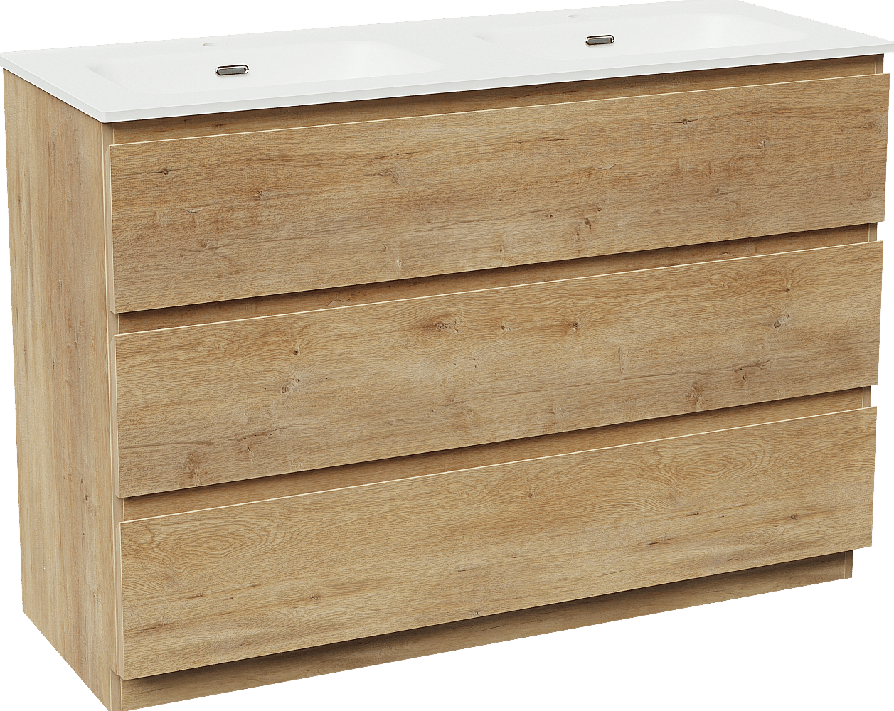 Linie Lado freistehendes Möbelstück Set: 120 x 46 cm, Naturbelassene Eiche, mit Baro Doppelwaschtisch, Porzellan Weiß matt