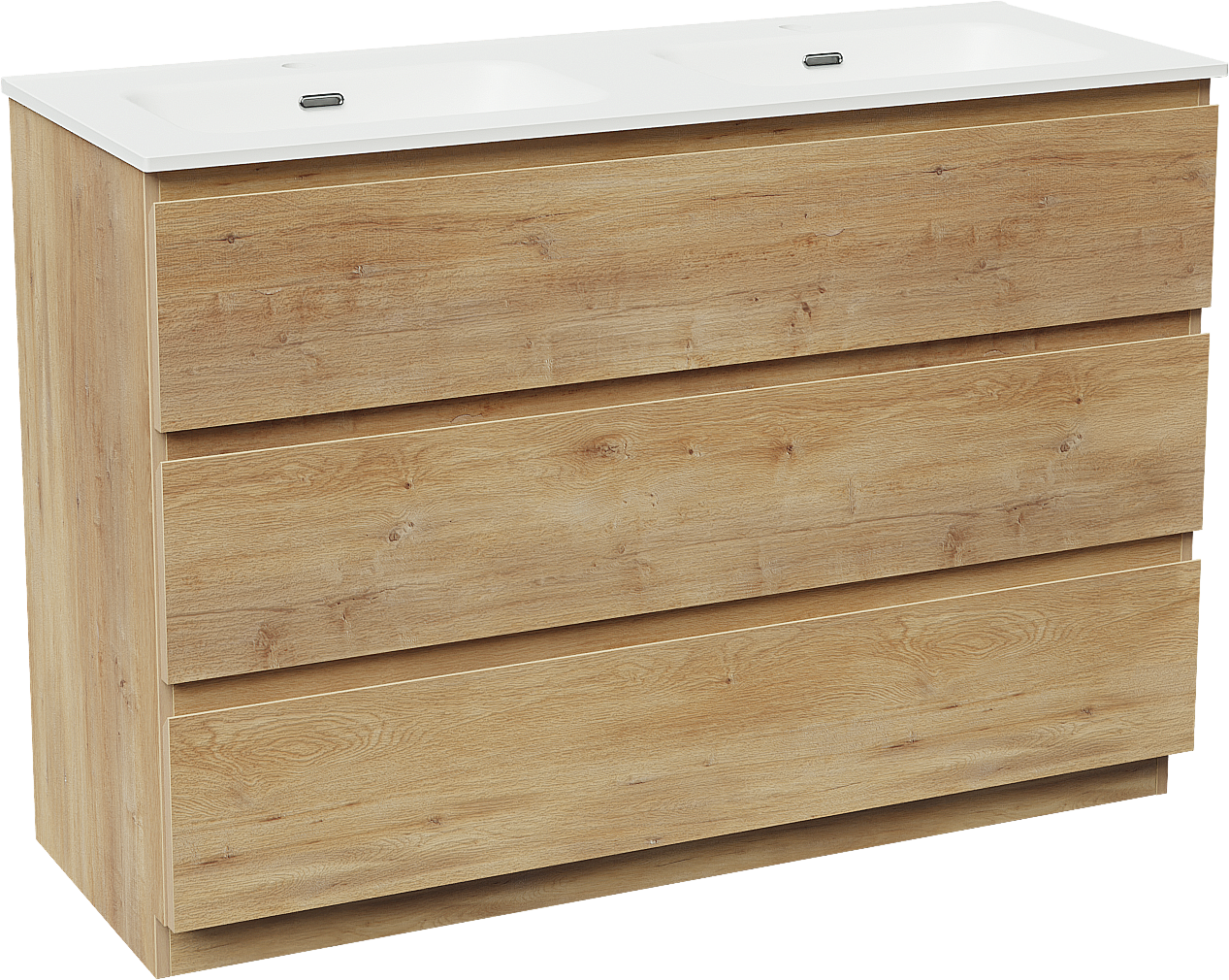 Linie Lado meuble salle de bains à poser 120 x 46 cm chêne naturel avec Baro double vasque en porcelaine blanc mat