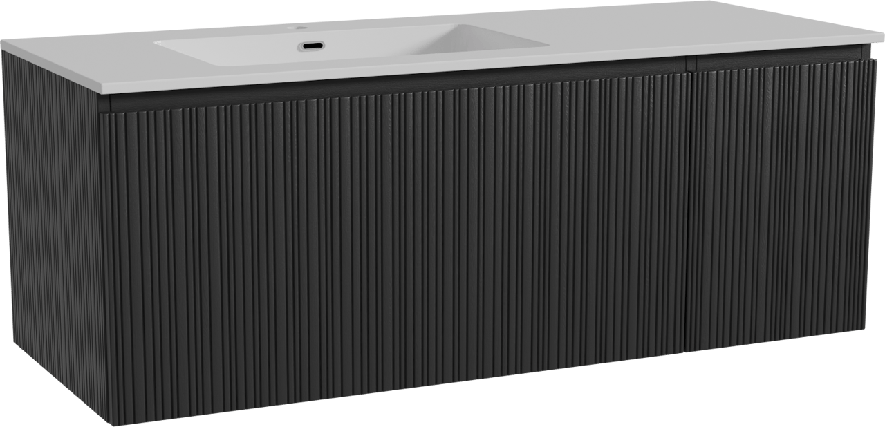 Storke Ribs zwevend badmeubel 130 x 52 cm zwart eiken met Diva asymmetrisch linkse wastafel in composietmarmer hoogglans wit, Verticale asymmetrische rechte ribbel