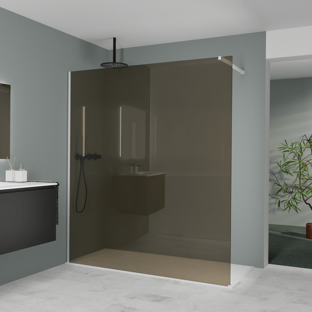 Balmani Modular Walk-In Dusche: 180 x 200 cm, Bronze Glas, inklusive Coating, Profil Weiß matt