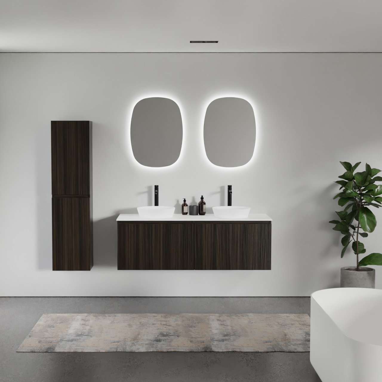 Balmani Sfera zwevend badkamermeubel 150 x 55 cm eucalyptus met Stretto enkel of dubbel tablet in solid surface mat wit