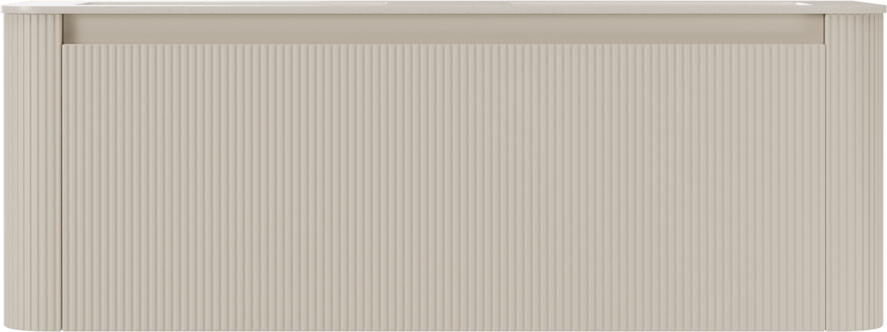 Storke Soft zwevend badmeubel 140 x 46 cm Sand mat met Mata Soft dubbele wastafel in solid surface beige granita, Verticale symmetrische rechte ribbel
