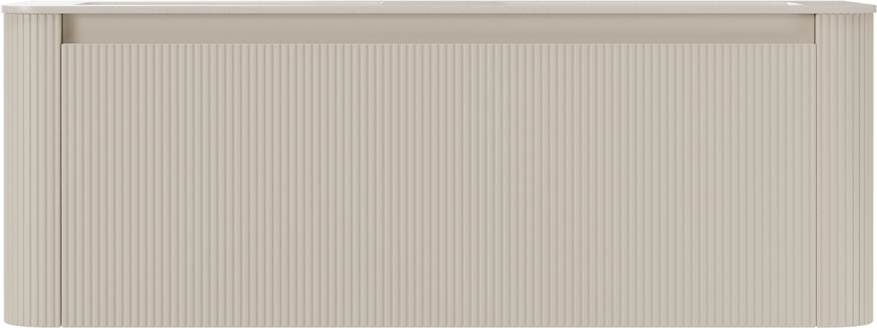 Storke Soft hängendes Möbelstück Set: 140 x 46 cm, Sand Matt, mit Mata Soft Doppelwaschtischplatte Solid Surface Beige Granit, Vertikale symmetrische gerade Rippe