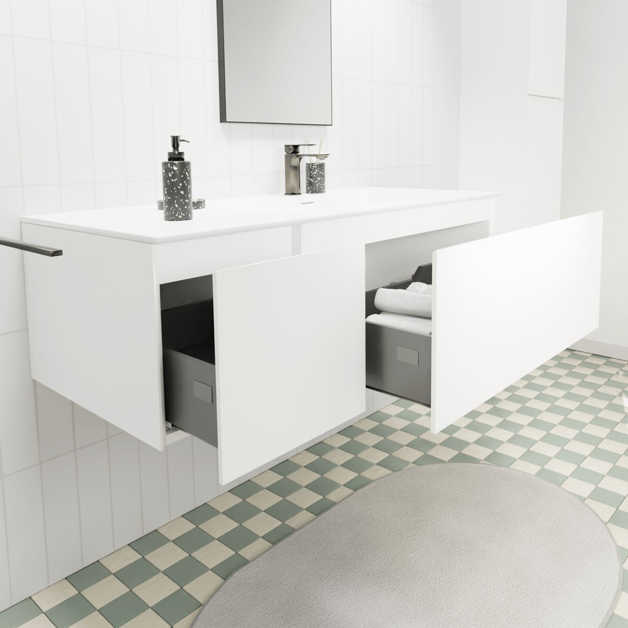 Storke Edge hängendes Möbelstück Set: 120 x 52 cm, Weiß matt, mit Mata Waschtisch rechts, Solid Surface Weiß matt