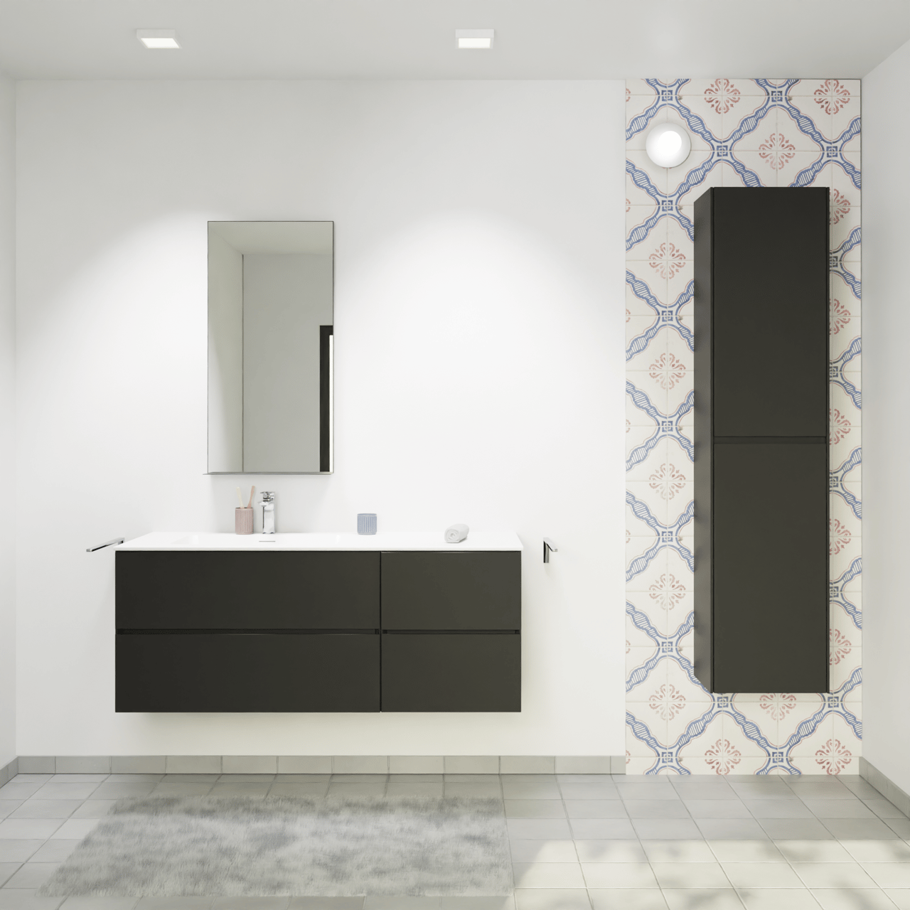 Storke Edge hängendes Möbelstück Set: 130 x 52 cm, Schwarz matt, mit Mata Waschtisch links, Solid Surface Weiß matt