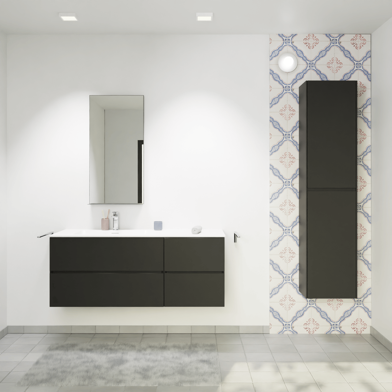 Storke Edge meuble salle de bains suspendu 130 x 52 cm noir mat avec Mata vasque asymétrique gauche en solid surface blanc mat