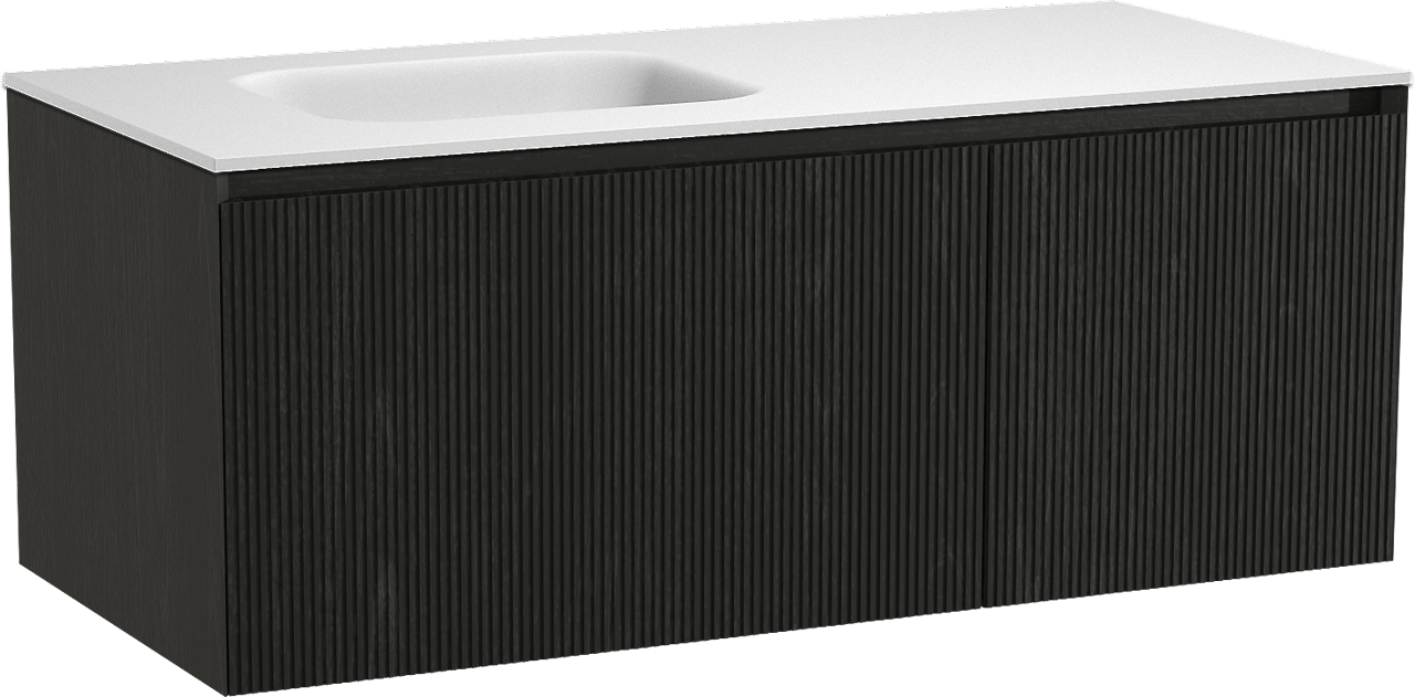 Balmani Fila hängendes Möbelstück Set: 120 x 55 cm, Schwarze Eiche, mit Tablo Arcato Waschtisch links, Solid Surface, Weiß matt, Vertikale symmetrische gerade Rippe