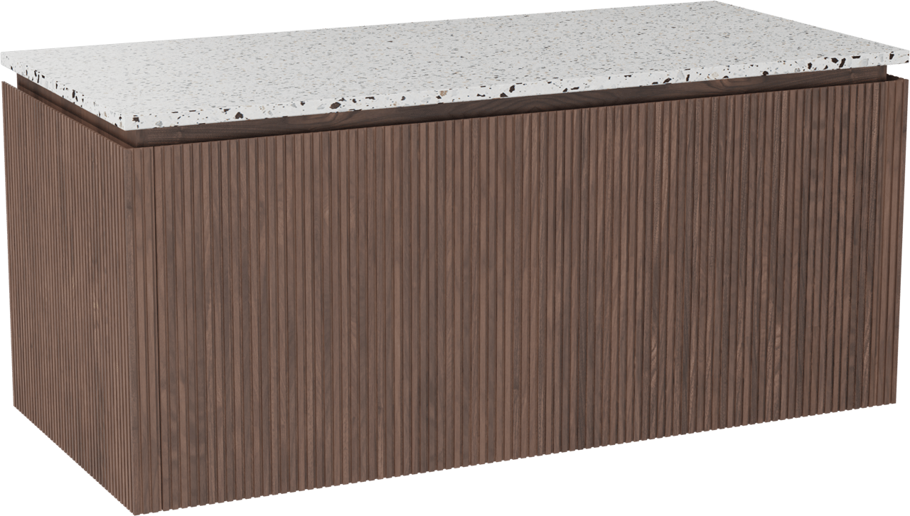 Balmani Eclips meuble salle de bains suspendu 120 x 55 cm Noyer américain avec Stretto tablette simple ou double en Bianco Nero Terrazzo, Nervure droite symétrique verticale