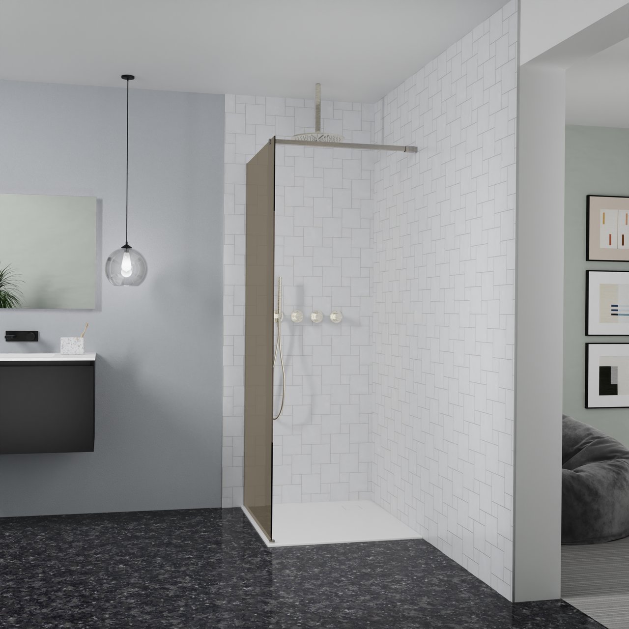 Balmani Modular douche à l'italienne: 90 x 200 cm, Verre bronze, Profil Brushed CoolMetal