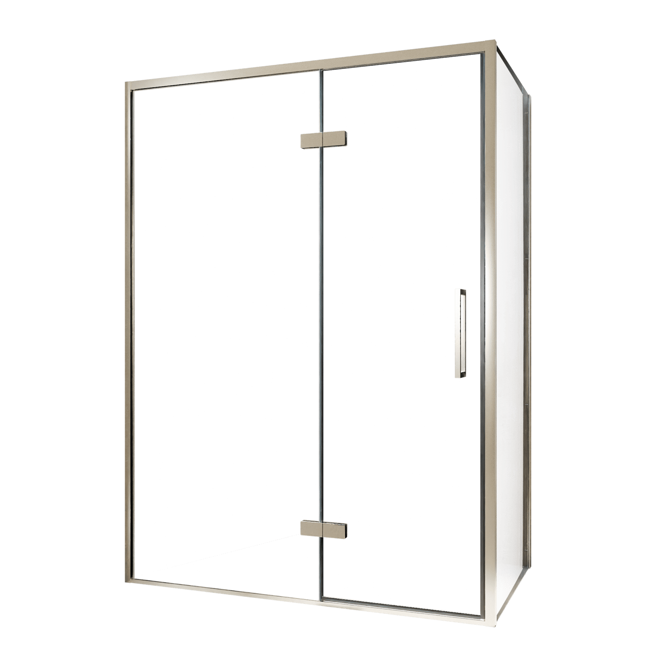 Balmani Senses Design douche en coin avec porte pivotante à gauche et paroi latérale fixe, 140 x 70 cm, Verre transparent, Profil Brushed CoolMetal, coating inclus, coating inclus