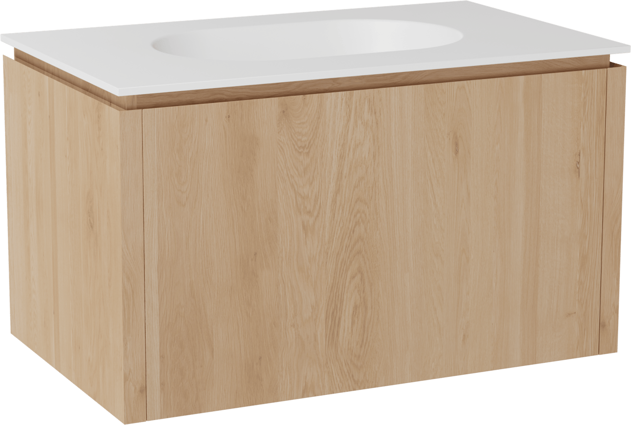 Balmani Eclips meuble salle de bains suspendu 90 x 55 cm Chêne naturelle avec Tablo Oval plan simple en Solid Surface blanc mat
