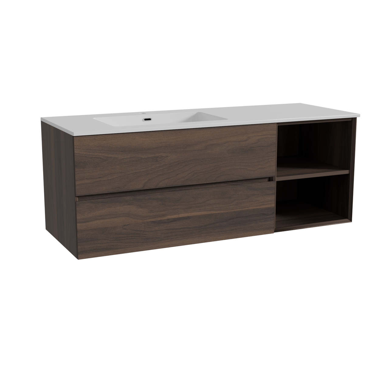 Storke Edge zwevend badkamermeubel 140 x 52 cm notelaar met Diva asymmetrisch linkse wastafel in composietmarmer glanzend wit