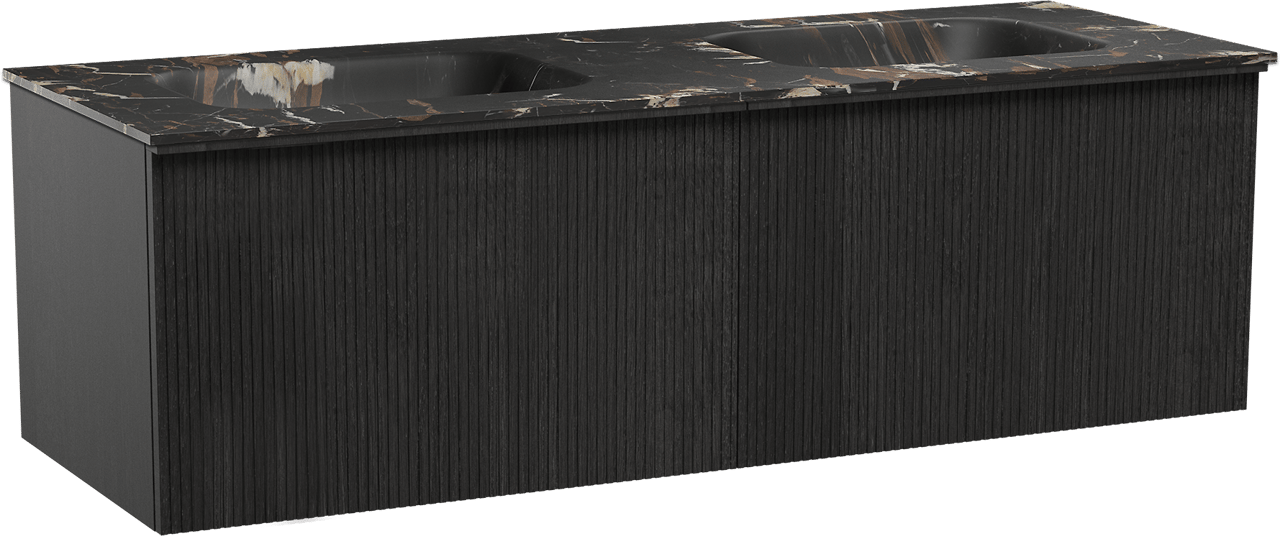 Balmani Forma hängendes Möbelstück Set: 150 x 55 cm, Schwarze Eiche, mit Tablo Arcato Doppelwaschtisch, Marmor, Portoro Gold, Vertikale symmetrische gerade Rippe