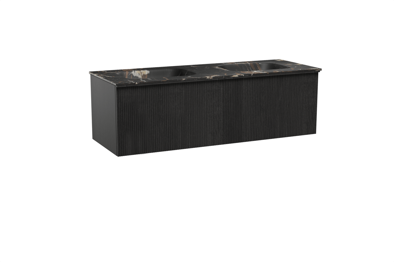 Balmani Forma meuble salle de bains suspendu 150 x 55 cm chêne noir avec Tablo Arcato double vasque en marbre portoro gold, Nervure droite symétrique verticale