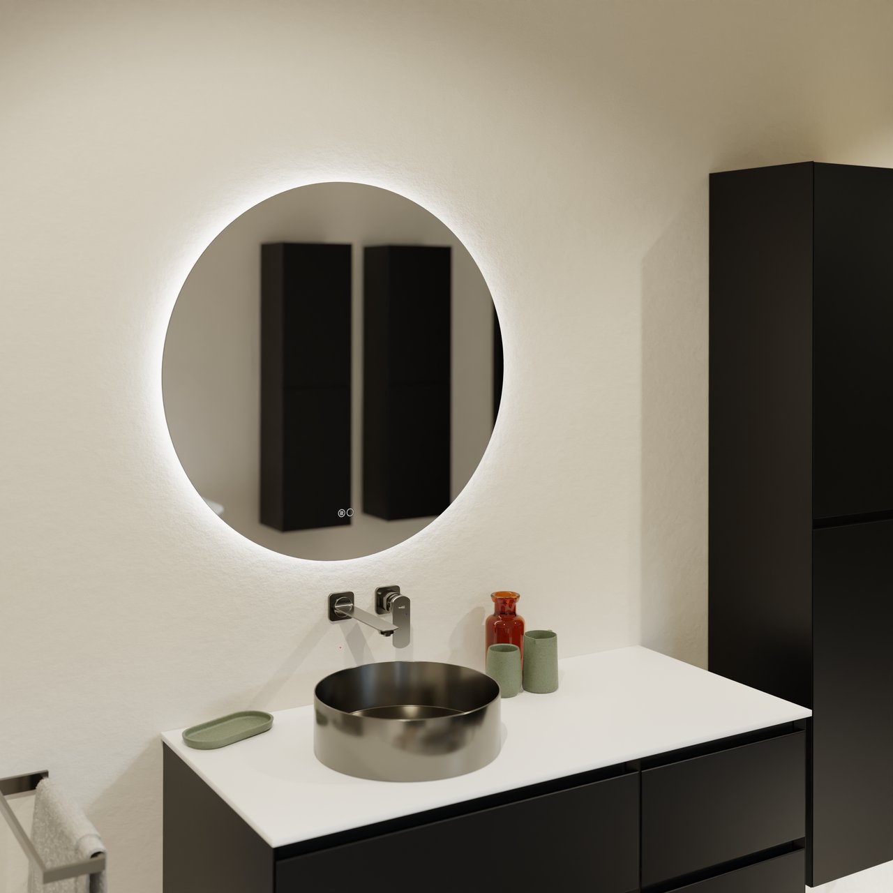 Balmani Giro Touch rund Badezimmerspiegel Ø 80 cm mit Spiegelbeleuchtung und Anti-Beschlag Spiegelheizung