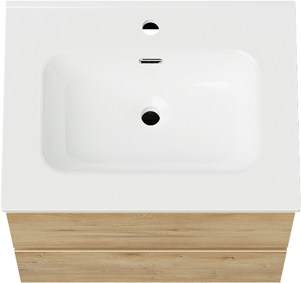 Linie Lado zwevend badkamermeubel 60 x 46 cm natuur eik met Baro enkele wastafel in porselein glanzend wit