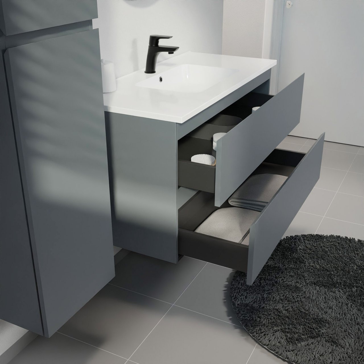 Linie Lado zwevend badmeubel 100 x 46 cm blauw antraciet met Vano enkele wastafel in composietmarmer hoogglans wit