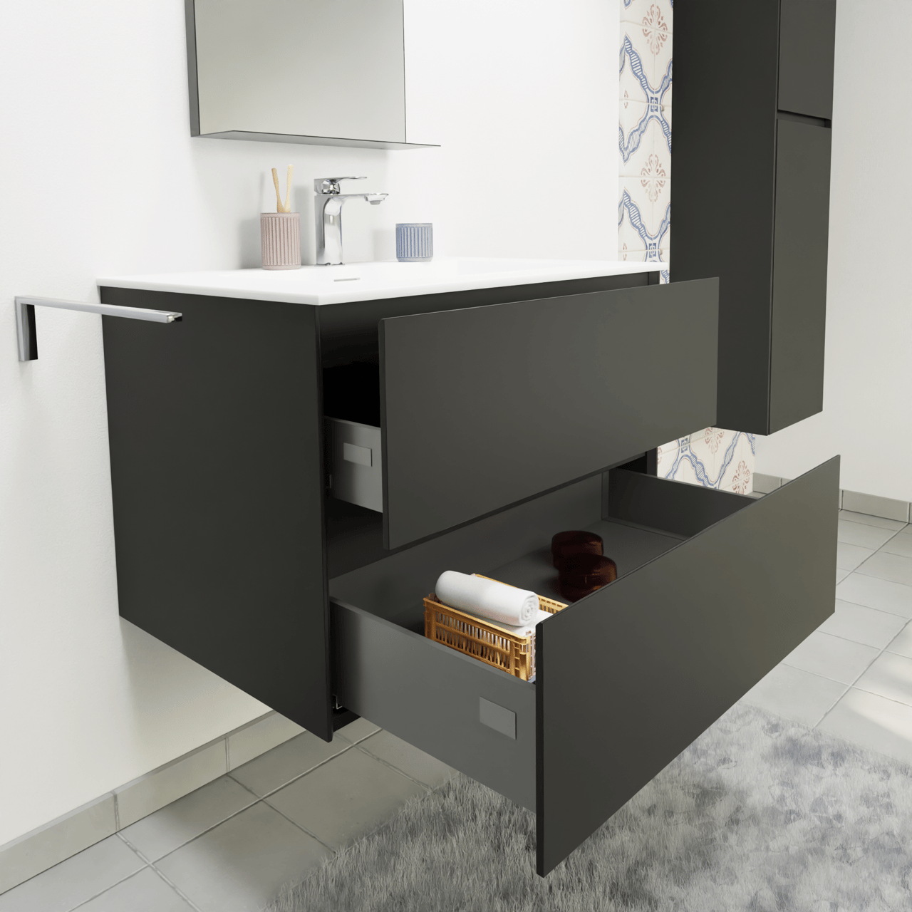 Storke Edge zwevend badmeubel 75 x 52 cm mat zwart met Mata enkele wastafel in solid surface mat wit