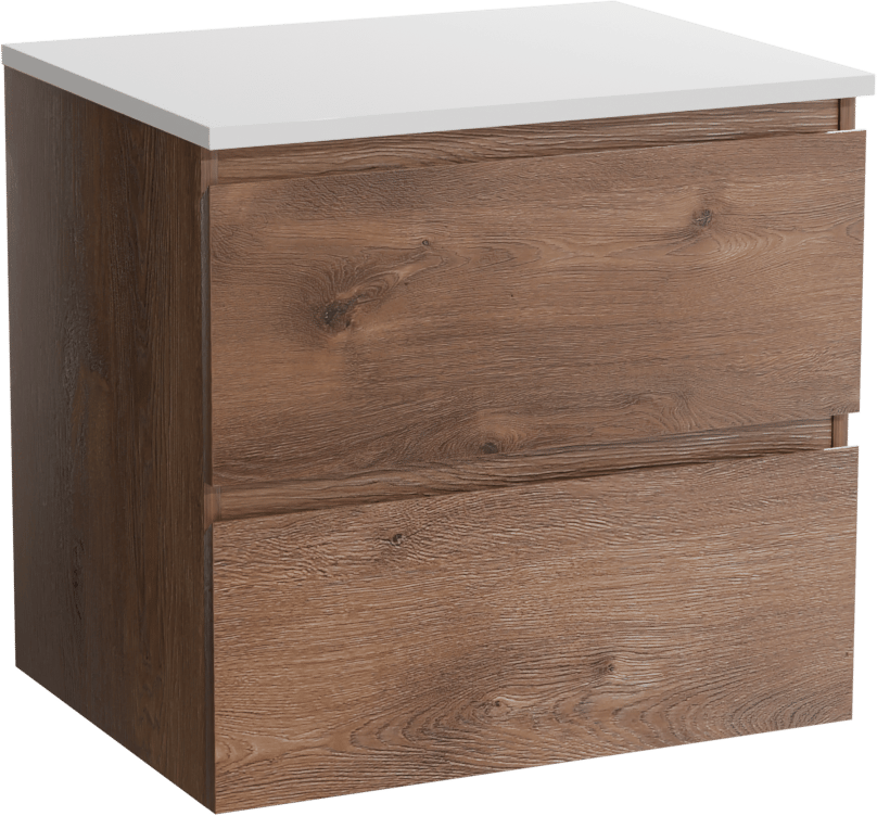 Linie Lado zwevend badkamermeubel 60 x 46 cm bruine eik met Lado enkel tablet in composietmarmer glanzend wit